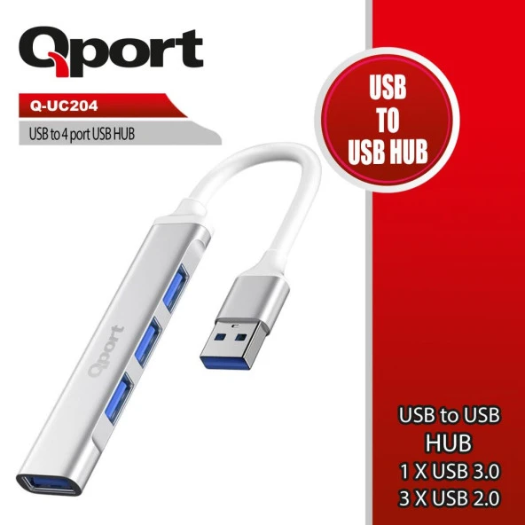 QPORT Q-UC204 USB3.0 => 4 PORT USB ÇOKLAYICI (Giriş: USB3.0 Tip-A => Çıkış:3xUSB2.0+USB3.0)