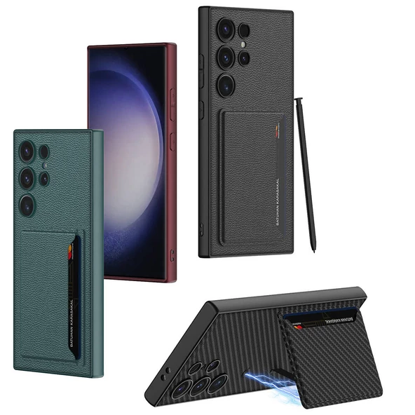 Vendas Samsung Galaxy S24 Ultra Suni Deri Arka Yüzey Sürgülü Kamera Korumalı Zore Kartlıklı Kıpta Silikon Kapak - 12