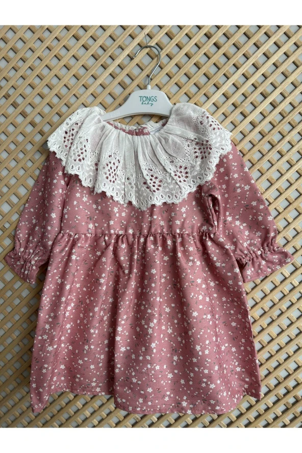 Kız Bebek Dantel Yaka Çiçekli Astarlı Elbise