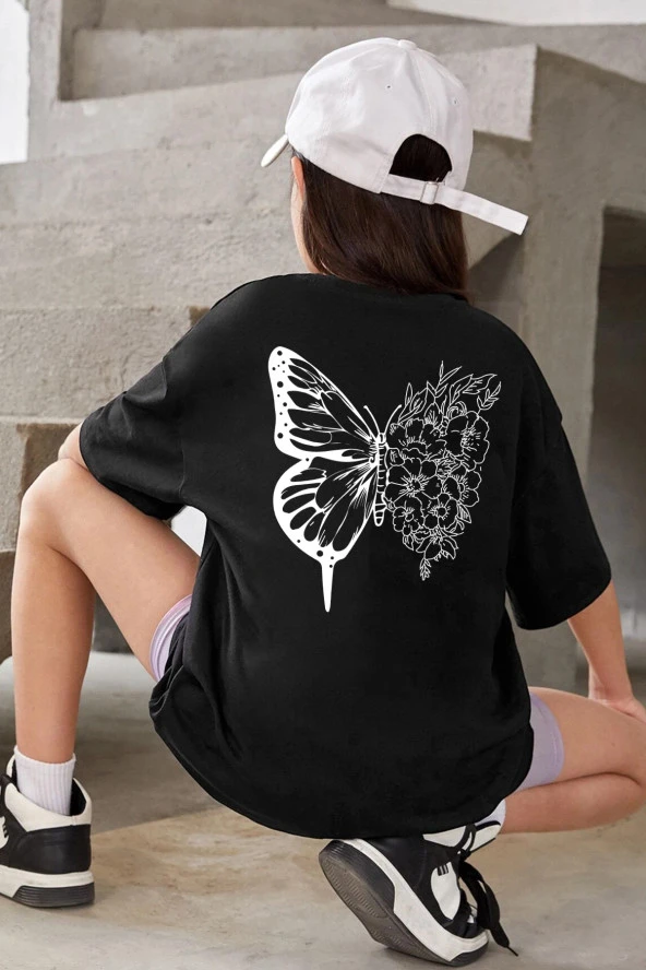 Çocuk Flower Butterfly Baskılı Pamuklu Tshirt