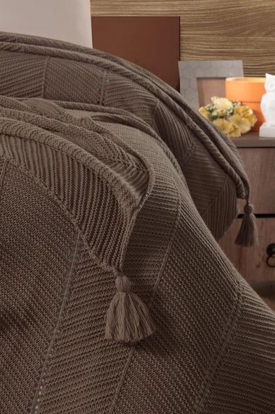 SOPHISTIC ÇİFT KİŞİLİK AKRİLİK ÖRGÜ BATTANİYE KAHVERENGİ - Resim 2