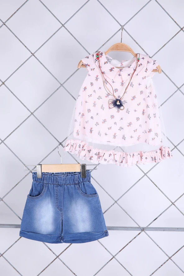 Babyhola 2-5 Yaş Kolyeli Bluz Kot Şort Yazlık Şık Kız Çocuk Bayramlık Takım 10081 ürün görseli 1