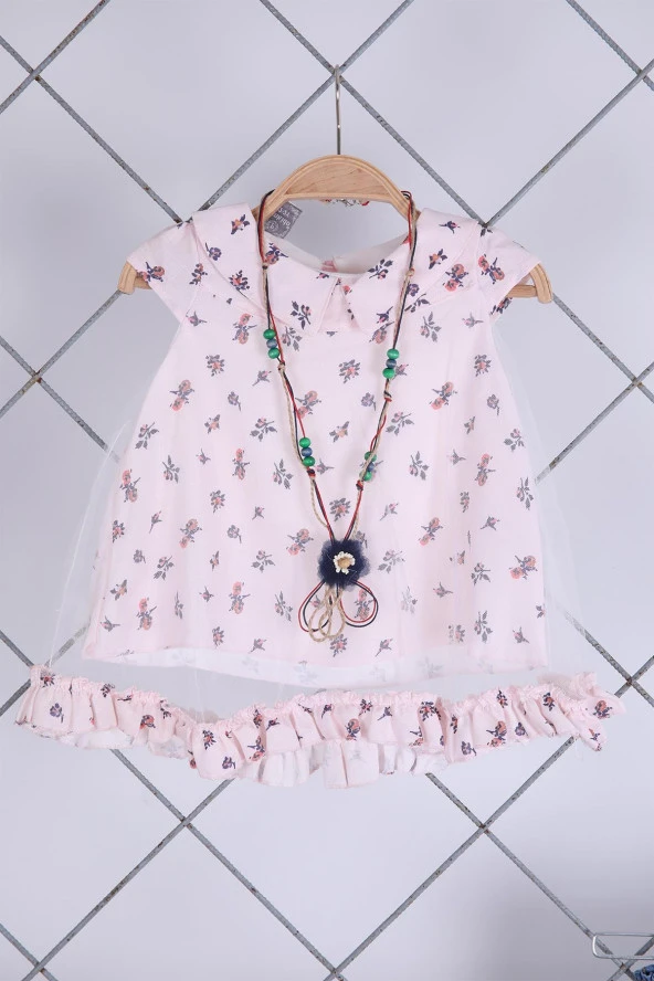 Babyhola 2-5 Yaş Kolyeli Bluz Kot Şort Yazlık Şık Kız Çocuk Bayramlık Takım 10081 - Resim 3