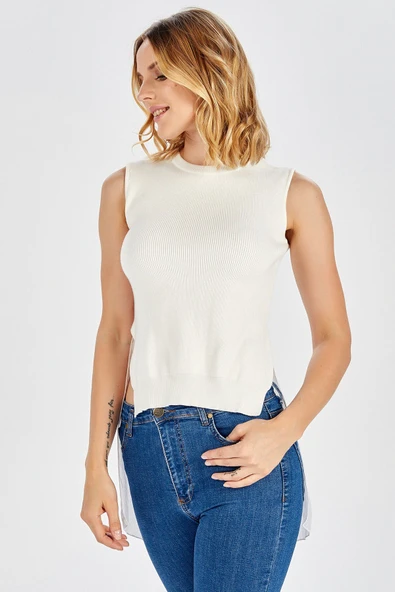 Peraluna Arkası Şifonlu Önü Kısa Kadın Bluz - EKRU - Resim 3