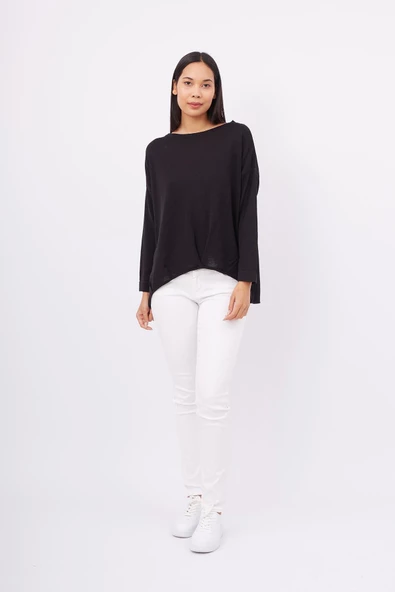 Peraluna MEADOW BLOUSE Ön ve Arka Pile Detaylı Salaş Kadın Triko Bluz - SİYAH