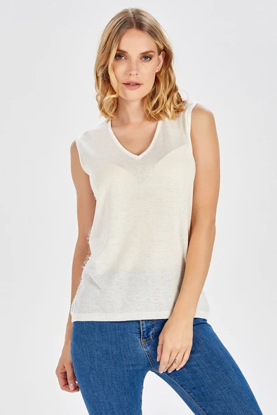 Peraluna Dantel Detaylı Kolsuz Bluz - Beyaz - Resim 2