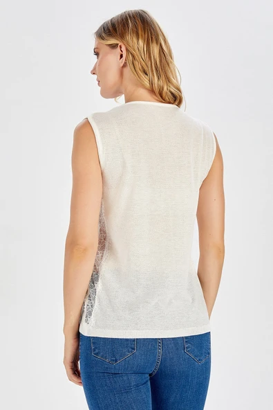 Peraluna Dantel Detaylı Kolsuz Bluz - Beyaz - Resim 5