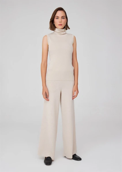 Peraluna Simli Balıkçı Yaka Kolsuz Kadın Triko Bluz - Krem ürün görseli 1