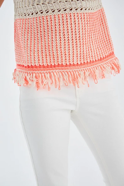 Peraluna KIYO BLOUSE Püskül Detaylı Kolsuz Yazlık Kadın Triko Bluz - Bej/Neon Turuncu - 5