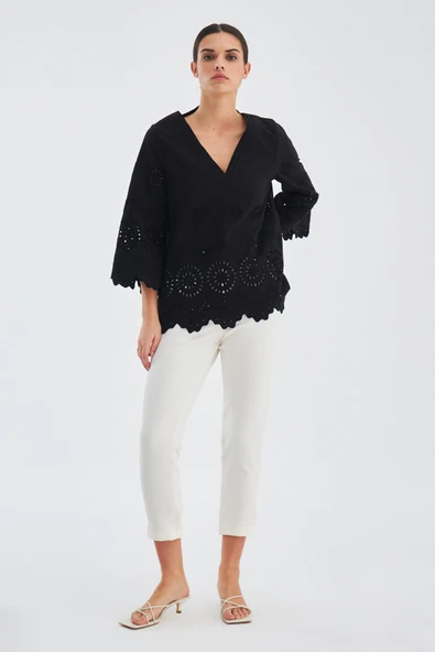 Peraluna HİROMİ BLOUSE %100 Pamuk V Yaka 3/4 Çan Kol Yazlık Kadın Bluz - Siyah - Resim 5