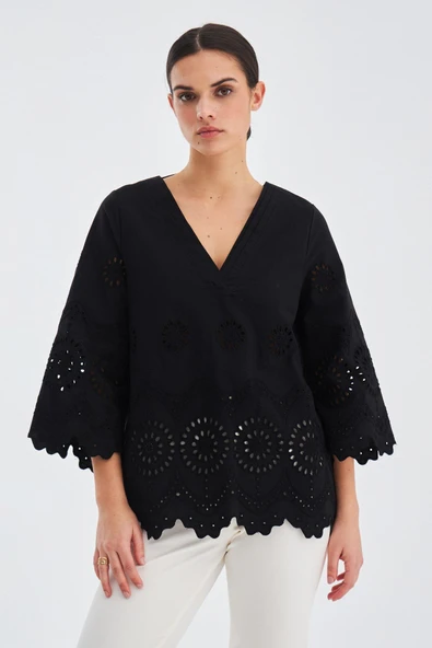 Peraluna HİROMİ BLOUSE %100 Pamuk V Yaka 3/4 Çan Kol Yazlık Kadın Bluz - Siyah - 2