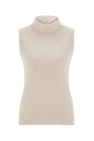 Peraluna Simli Balıkçı Yaka Kolsuz Kadın Triko Bluz - Krem - Resim 7