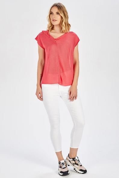 Peraluna MAGENTA BLOUSE Düşük Kol Bluz - Koral - Resim 3