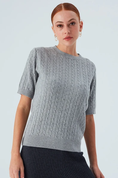 Peraluna NICOLE BLOUSE Saç Örgülü Kısa Kollu Kaşmirli Kadın Triko Bluz - Gri Melanj - Resim 2