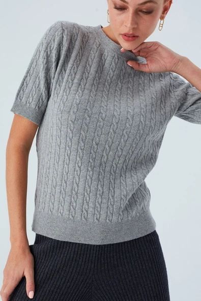 Peraluna NICOLE BLOUSE Saç Örgülü Kısa Kollu Kaşmirli Kadın Triko Bluz - Gri Melanj - Resim 3