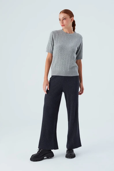 Peraluna NICOLE BLOUSE Saç Örgülü Kısa Kollu Kaşmirli Kadın Triko Bluz - Gri Melanj ürün görseli 1