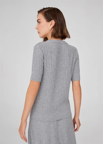 Peraluna Bisiklet Yaka Yarım Kol Kaşmir Karışım Kadın Triko Bluz - Gri Melanj - Resim 6