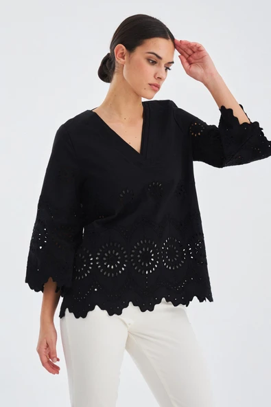 Peraluna HİROMİ BLOUSE %100 Pamuk V Yaka 3/4 Çan Kol Yazlık Kadın Bluz - Siyah - Resim 4
