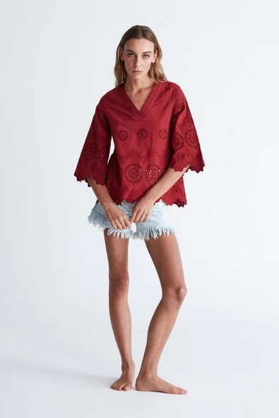 Peraluna HİROMİ BLOUSE %100 Pamuk V Yaka 3/4 Çan Kol Yazlık Kadın Bluz - Magenta