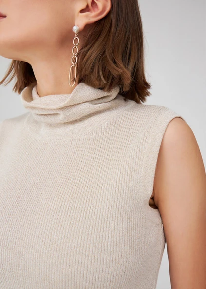 Peraluna Simli Balıkçı Yaka Kolsuz Kadın Triko Bluz - Krem - Resim 4