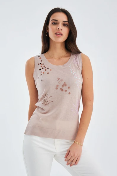 Peraluna Yazlık İnce Pul İşlemeli Kadın Triko Bluz - Bej - Resim 2