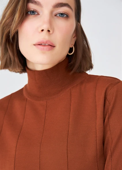 Peraluna BETTY BLOUSE Balıkçı Yaka Kısa Kollu İnce Basic Kadın Triko Bluz - Kahve - 4