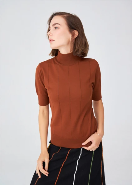 Peraluna BETTY BLOUSE Balıkçı Yaka Kısa Kollu İnce Basic Kadın Triko Bluz - Kahve - 3