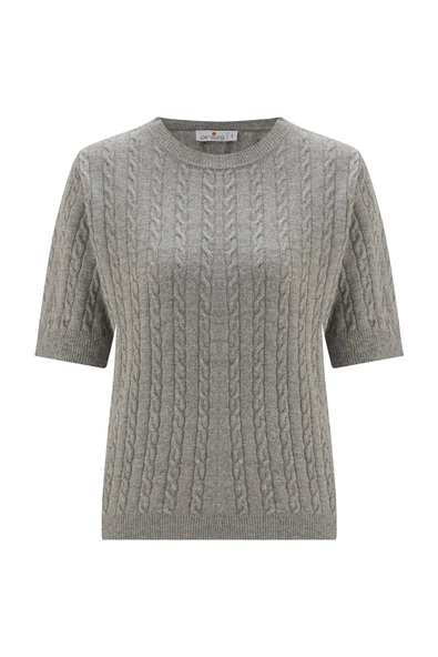 Peraluna NICOLE BLOUSE Saç Örgülü Kısa Kollu Kaşmirli Kadın Triko Bluz - Gri Melanj - Resim 9