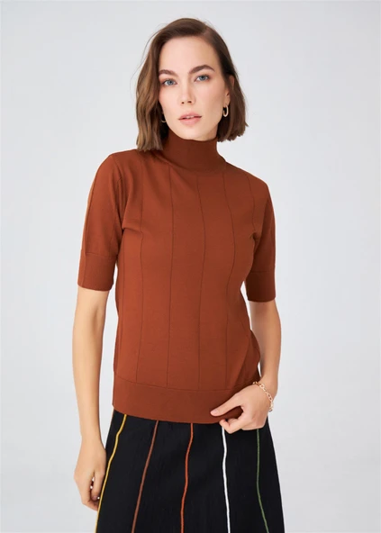 Peraluna BETTY BLOUSE Balıkçı Yaka Kısa Kollu İnce Basic Kadın Triko Bluz - Kahve - 2