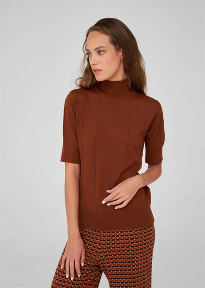 Peraluna BETTY BLOUSE Balıkçı Yaka Kısa Kollu İnce Basic Kadın Triko Bluz - Kahve - 7