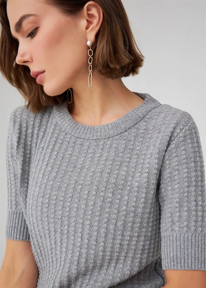 Peraluna Bisiklet Yaka Yarım Kol Kaşmir Karışım Kadın Triko Bluz - Gri Melanj - Resim 4