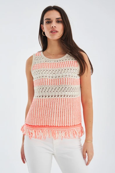 Peraluna KIYO BLOUSE Püskül Detaylı Kolsuz Yazlık Kadın Triko Bluz - Bej/Neon Turuncu - Resim 2