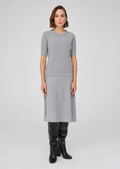 Peraluna Bisiklet Yaka Yarım Kol Kaşmir Karışım Kadın Triko Bluz - Gri Melanj ürün görseli 1