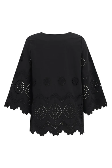 Peraluna HİROMİ BLOUSE %100 Pamuk V Yaka 3/4 Çan Kol Yazlık Kadın Bluz - Siyah - Resim 8