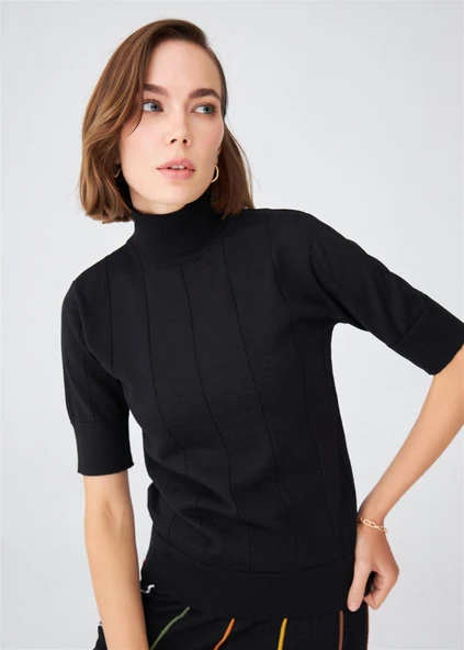 Peraluna BETTY BLOUSE Balıkçı Yaka Kısa Kollu İnce Basic Kadın Triko Bluz - Siyah - Resim 2