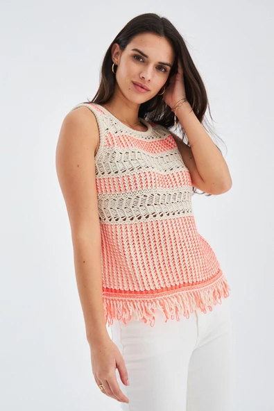 Peraluna KIYO BLOUSE Püskül Detaylı Kolsuz Yazlık Kadın Triko Bluz - Bej/Neon Turuncu - Resim 6