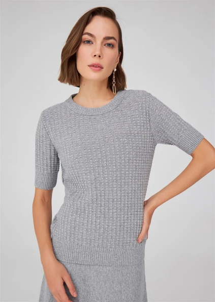 Peraluna Bisiklet Yaka Yarım Kol Kaşmir Karışım Kadın Triko Bluz - Gri Melanj - Resim 2