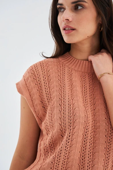 Peraluna SİMA BLOUSE Ajur Detaylı Düşük Kollu Yazlık Kadın Triko Bluz - Somon - 3