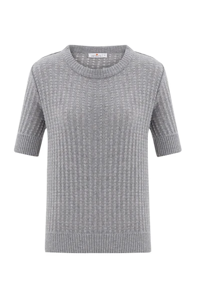 Peraluna Bisiklet Yaka Yarım Kol Kaşmir Karışım Kadın Triko Bluz - Gri Melanj - Resim 7