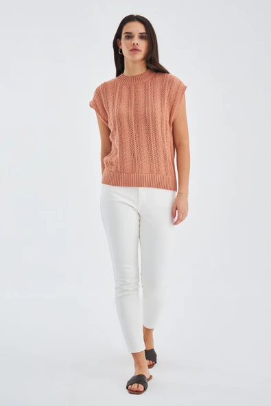 Peraluna SİMA BLOUSE Ajur Detaylı Düşük Kollu Yazlık Kadın Triko Bluz - Somon ürün görseli 1