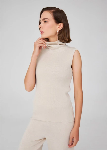 Peraluna Simli Balıkçı Yaka Kolsuz Kadın Triko Bluz - Krem - Resim 2
