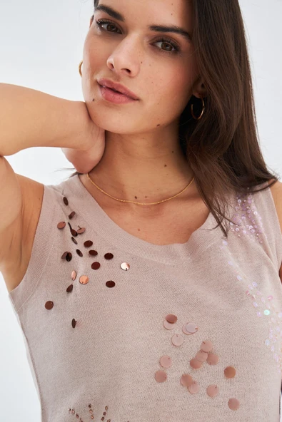 Peraluna Yazlık İnce Pul İşlemeli Kadın Triko Bluz - Bej - Resim 4