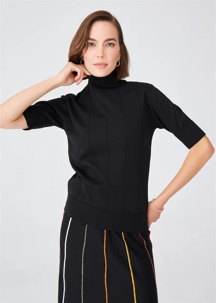 Peraluna BETTY BLOUSE Balıkçı Yaka Kısa Kollu İnce Basic Kadın Triko Bluz - Siyah - Resim 6