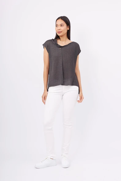 Peraluna MAGENTA BLOUSE Düşük Kol Bluz - Antrasit Melanj