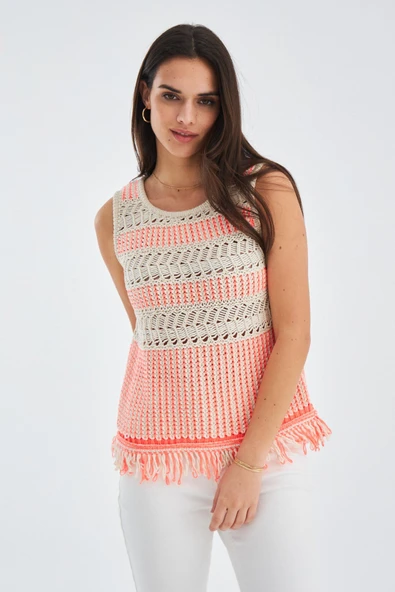 Peraluna KIYO BLOUSE Püskül Detaylı Kolsuz Yazlık Kadın Triko Bluz - Bej/Neon Turuncu - Resim 7