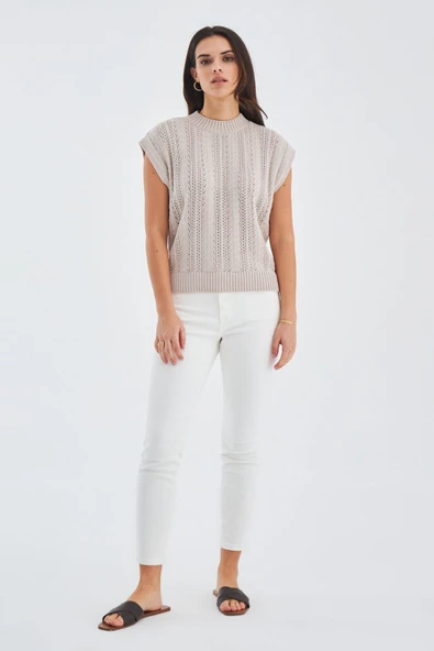 Peraluna SİMA BLOUSE Ajur Detaylı Düşük Kollu Yazlık Kadın Triko Bluz - Bej