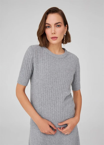 Peraluna Bisiklet Yaka Yarım Kol Kaşmir Karışım Kadın Triko Bluz - Gri Melanj - Resim 3
