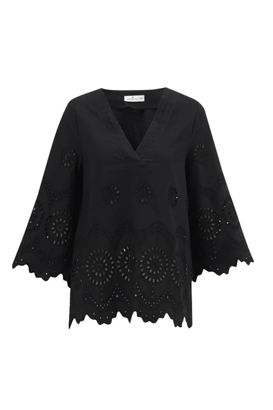 Peraluna HİROMİ BLOUSE %100 Pamuk V Yaka 3/4 Çan Kol Yazlık Kadın Bluz - Siyah - Resim 7