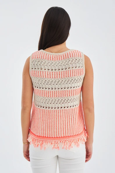 Peraluna KIYO BLOUSE Püskül Detaylı Kolsuz Yazlık Kadın Triko Bluz - Bej/Neon Turuncu - Resim 8