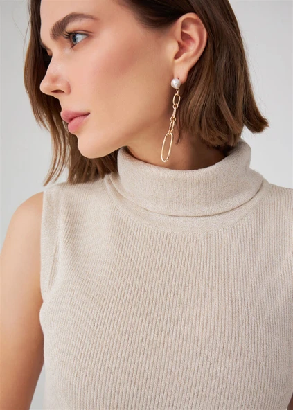 Peraluna Simli Balıkçı Yaka Kolsuz Kadın Triko Bluz - Krem - Resim 5